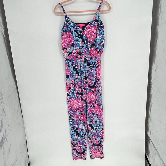 Lilly Pulitzer Dante Jumpsuit XS Pink Blue Tropical Floral Resort Beach Vacation - Picture 2 of 10